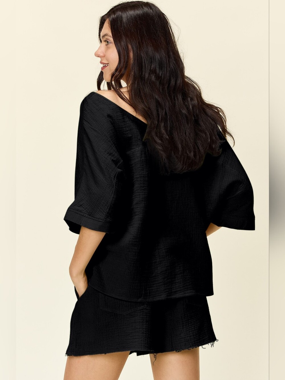 Black V-Neck Relaxed Top & High Waist Shorts Set- Women's Full & Plus Sizes - Picture 3 of 6